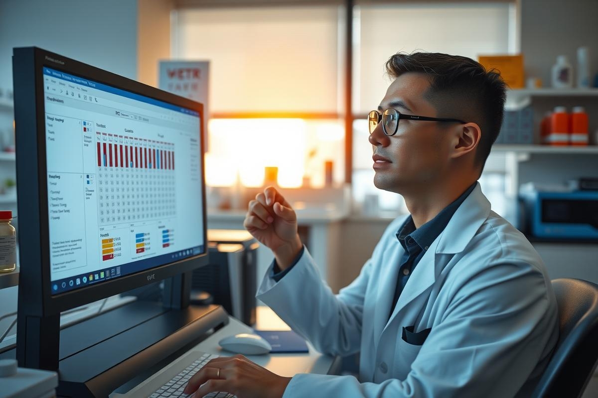 The image features a scientist or researcher working in a lab setting. The person is wearing a white coat, which is often associated with the scientific profession. They are seated at a desk and focused on a computer screen displaying colorful graphs and data analysis results.