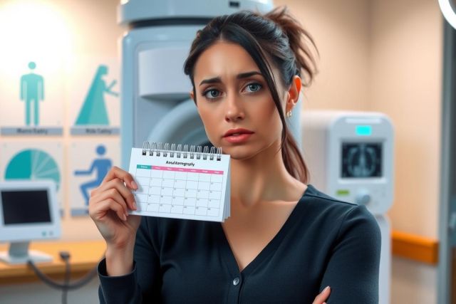 The image features a woman in a medical setting, likely an MRI room. She is holding a calendar and looking surprised or annoyed while standing next to a large MRI machine. The environment appears professional with medical equipment and signs indicating the area for medical imaging.