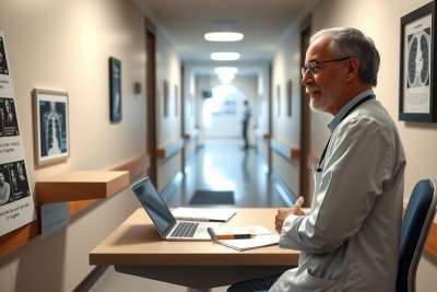 A middle-aged male physician sitting at a desk in an office setting, using a laptop. The environment suggests a professional medical workspace with patient X-rays on the wall.
