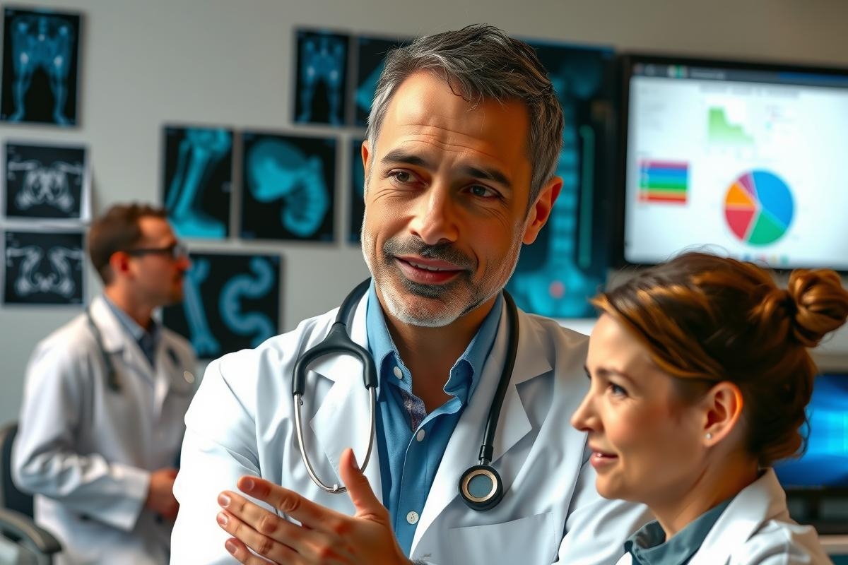 The image shows a group of medical professionals in what appears to be a clinical or research setting. The main focus is on two individuals who seem engaged in a discussion, while the other three are observing. They are surrounded by medical imaging displays and data visualizations on screens. One individual wears scrubs, another a lab coat, suggesting their roles as doctors or researchers. The environment suggests a modern healthcare facility.
