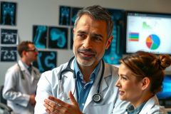 The image shows a group of medical professionals in what appears to be a clinical or research setting. The main focus is on two individuals who seem engaged in a discussion, while the other three are observing. They are surrounded by medical imaging displays and data visualizations on screens. One individual wears scrubs, another a lab coat, suggesting their roles as doctors or researchers. The environment suggests a modern healthcare facility.