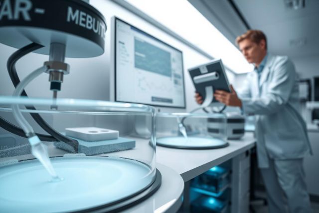 Scientist in a lab coat examines a tablet while working in a modern laboratory. Close-up of beakers and equipment. Focus on science, research, and technology. Cool blue lighting.