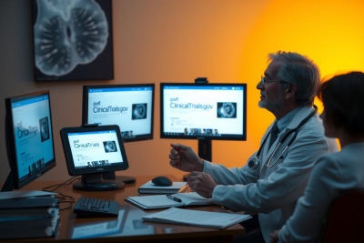 In the image, there is a doctor in a clinical setting. The doctor appears to be discussing something on a computer screen with another person who could possibly be a medical professional or a patient. They are sitting at a desk which has multiple monitors displaying various types of data and information related to healthcare. The room has a sterile, clean environment typical of a medical office or hospital setting.