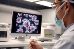 Scientist examining virus structures on a computer screen in a lab. White lab coat, face mask, research environment, virus visualization, scientific study, biotechnology, medical research.