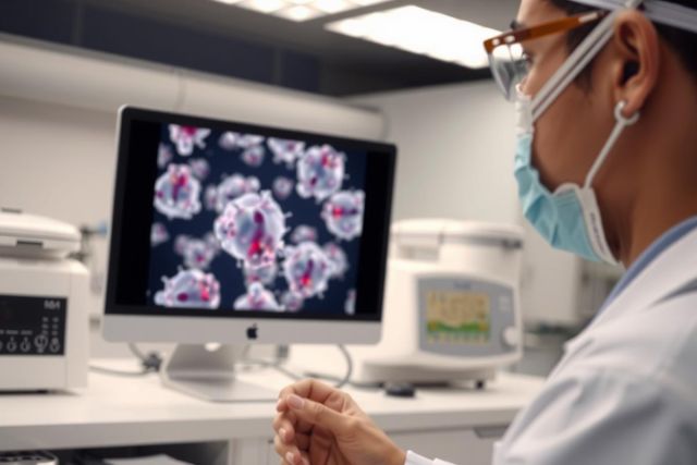 Scientist examining virus structures on a computer screen in a lab. White lab coat, face mask, research environment, virus visualization, scientific study, biotechnology, medical research.