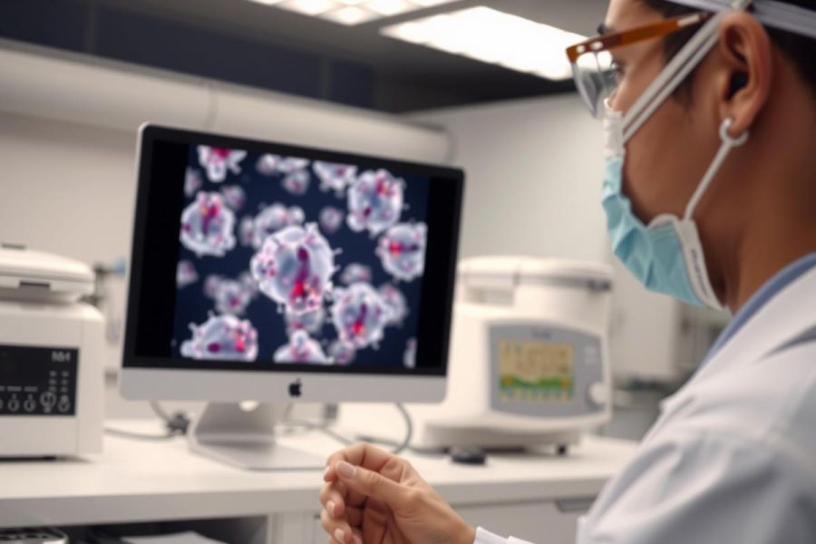 Scientist examining virus structures on a computer screen in a lab. White lab coat, face mask, research environment, virus visualization, scientific study, biotechnology, medical research.