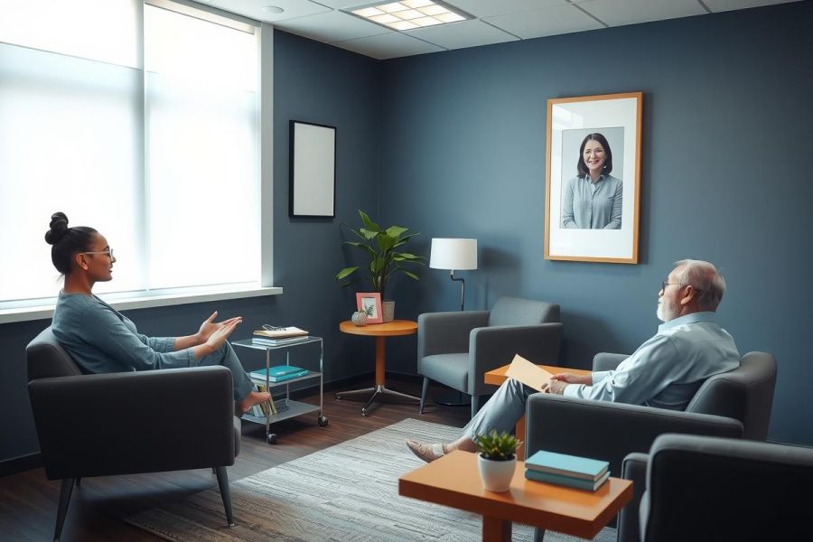 Two people in a therapy session. The image shows a man and woman seated in chairs facing each other, likely discussing something. The room has a calming aesthetic with neutral colors and minimal decor.