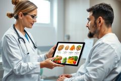 Doctor consults with patient about healthy eating. A female doctor in a white coat shows a tablet displaying various fruits and vegetables in a bright, modern clinic setting. Focus on nutrition and wellness.
