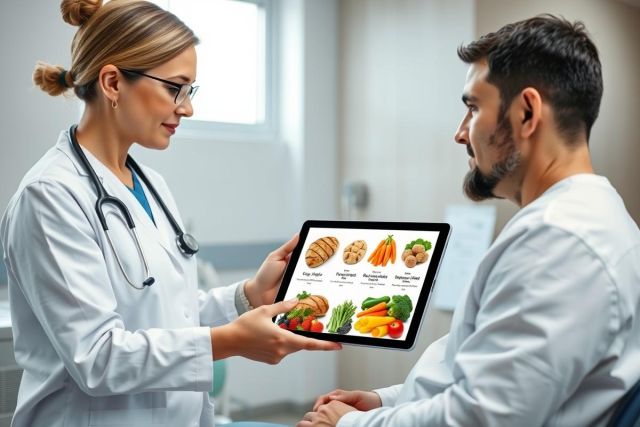 Doctor consults with patient about healthy eating. A female doctor in a white coat shows a tablet displaying various fruits and vegetables in a bright, modern clinic setting. Focus on nutrition and wellness.