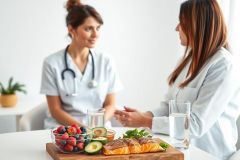 Doctor consults with a patient about healthy eating. The scene features fresh salmon, avocado, berries, and water, emphasizing nutrition and wellness in a bright, modern clinic setting. Focus on healthy lifestyle and medical advice.