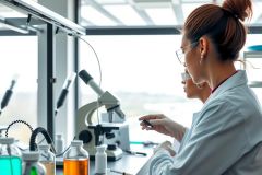 The image portrays a laboratory scene, featuring two scientists engrossed in their work. The woman at the forefront is seated, holding a test tube, her gaze focused on the task at hand. The other individual stands behind her, observing and contributing to the experiment being conducted.