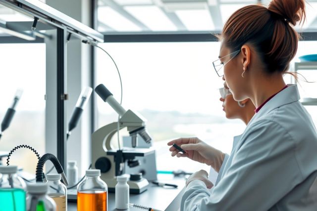 The image portrays a laboratory scene, featuring two scientists engrossed in their work. The woman at the forefront is seated, holding a test tube, her gaze focused on the task at hand. The other individual stands behind her, observing and contributing to the experiment being conducted.