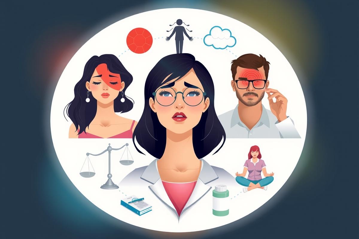 Illustration of a female character with glasses, seemingly in distress, surrounded by various icons representing aspects of health and wellness. The image includes a thermometer for fever, a brain for mental health, a piggy bank for financial stress, and others.