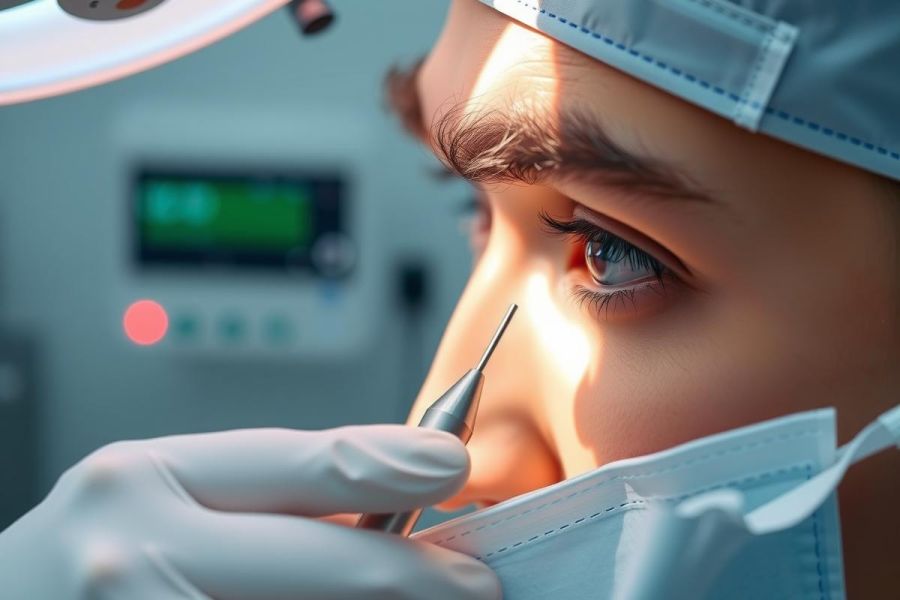 Surgeon performing a procedure, close-up view. Sterile environment with surgical tools and bright lighting. Focus on precision and medical expertise.