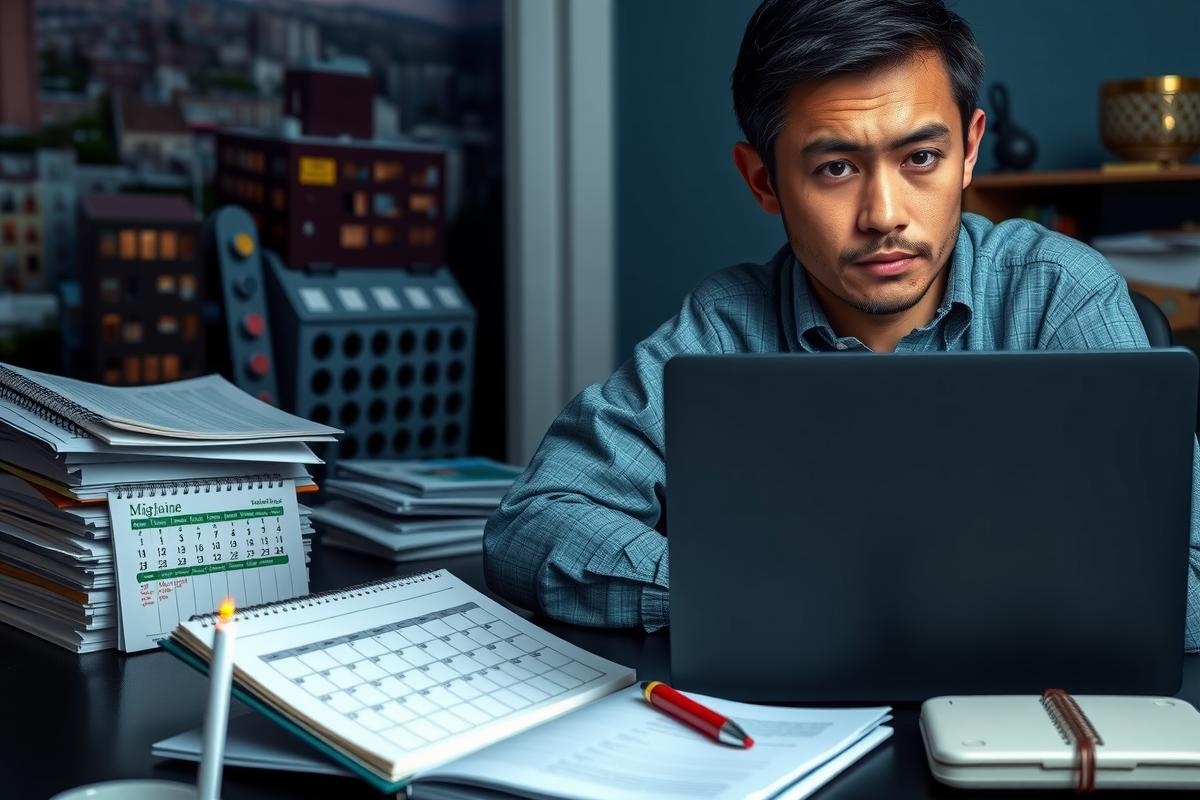 The image portrays a man engrossed in his work at an office desk. He is surrounded by various items such as a laptop, papers, and books, suggesting that he might be busy or deeply focused on his tasks. The setting appears to be modern and professional, possibly an office environment.