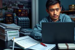 The image portrays a man engrossed in his work at an office desk. He is surrounded by various items such as a laptop, papers, and books, suggesting that he might be busy or deeply focused on his tasks. The setting appears to be modern and professional, possibly an office environment.