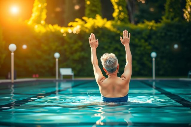In this image, a person is seen swimming in a clear pool on a sunny day. Wearing a blue bikini, the person is doing shoulder presses with their arms raised above their head.