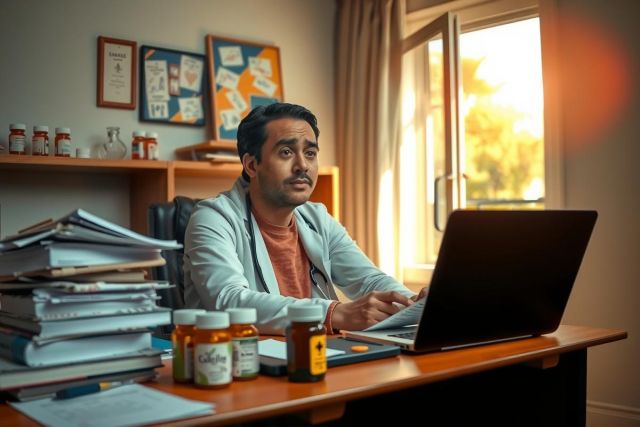 The image portrays a man in a modern office setting, focused on his work at the desk. He's wearing professional attire and appears to be reviewing documents or notes, with several books and files spread out before him. 
