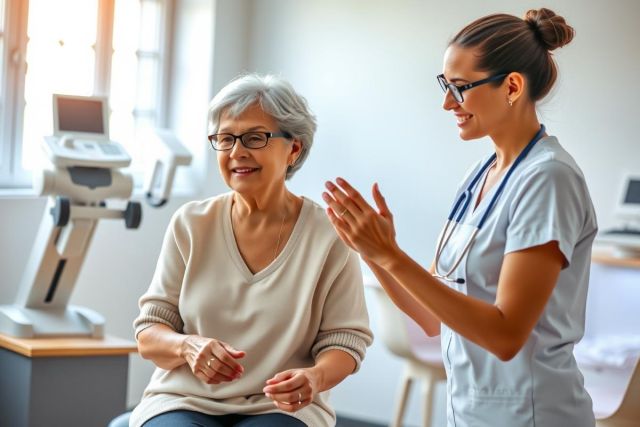 A healthcare professional discusses with a patient in a medical examination room. The scene shows a doctor and elderly woman, highlighting patient care and a clinical setting. Blue scrubs, white coat, and medical equipment are visible.