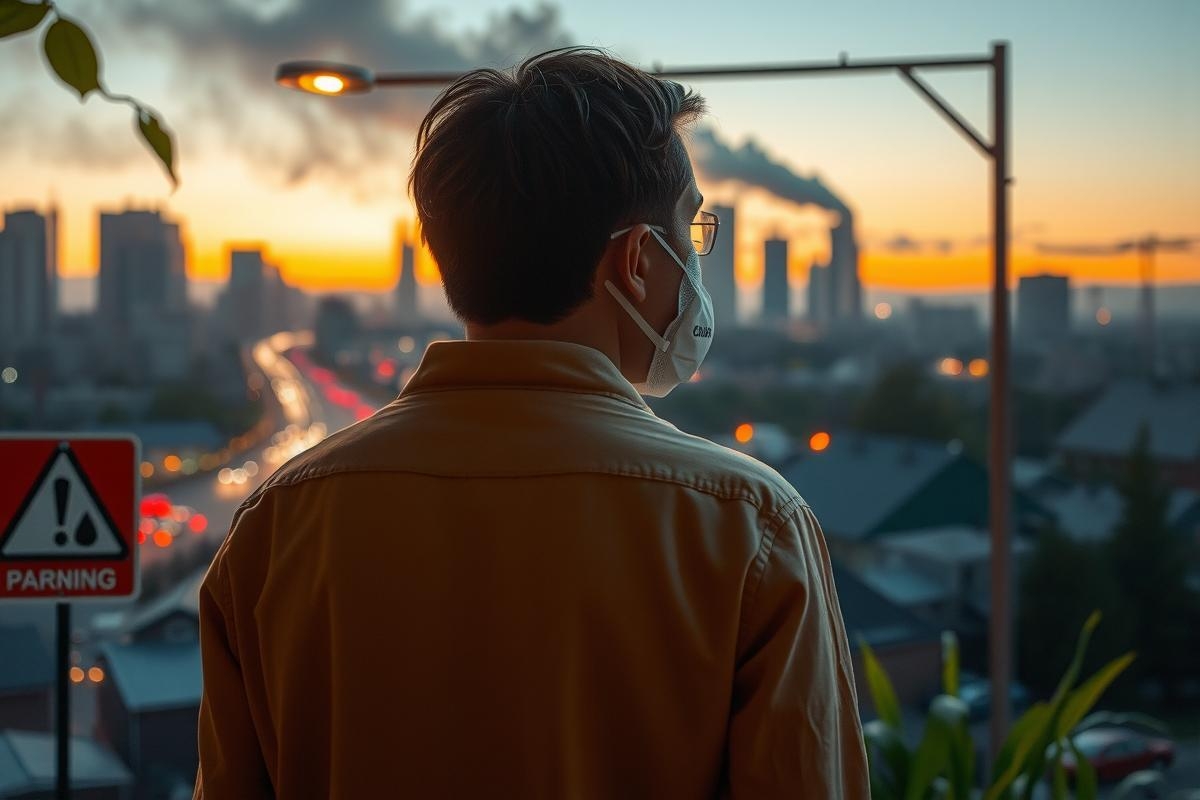 The image captures a tranquil moment at sunset overlooking an urban skyline. A person wearing a mask stands on the left, facing away from the viewer, looking out onto the cityscape. The scene is bathed in warm hues of orange and pink, indicating that it's taken during the golden hour. Buildings can be seen against the backdrop of a hazy sky with streaks of light pollution visible. The street below appears to be busy with vehicles moving along it. This image conveys a sense of reflection or escape from the urban environment.