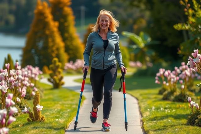 A woman jogging on a path with crutches, wearing a dark top and black leggings. The environment includes flowering plants and trees in the background. Her smile indicates her enjoyment of the activity.