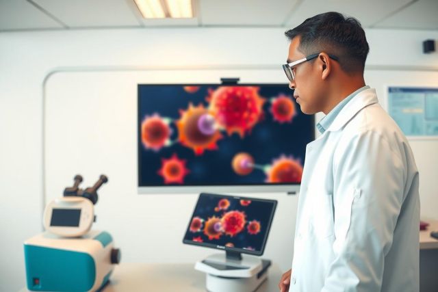 Scientist in lab coat examining a monitor displaying microscopic virus images. Research setting with equipment and a focus on medical or biological science.