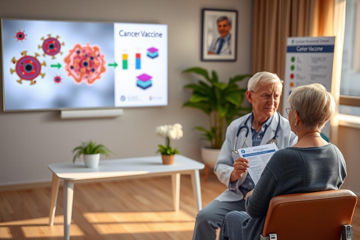 The image shows an indoor setting where a male doctor, wearing a white coat, is having a consultation with a female patient. The room has a modern and clean appearance with light wood floors.
