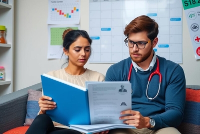 A man and a woman are seated together on a couch, reading through medical documents or notes. The environment suggests a modern, possibly home-based setting with books and papers scattered around them. Both individuals appear focused on their tasks, possibly studying or reviewing medical data. The overall scene conveys a sense of shared purpose and collaboration in a professional yet casual atmosphere.