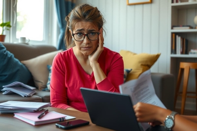 In the image, there is a woman sitting at a kitchen table in front of a laptop and various papers. She appears to be reading or studying something on her laptop with a slightly worried expression. The room has a warm, lived-in feel with books and personal items around. The color palette is soft with shades of cream, green, and red.