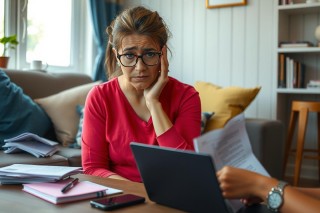 In the image, there is a woman sitting at a kitchen table in front of a laptop and various papers. She appears to be reading or studying something on her laptop with a slightly worried expression. The room has a warm, lived-in feel with books and personal items around. The color palette is soft with shades of cream, green, and red.