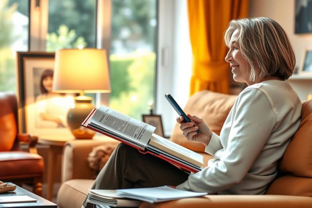 This is an image of a woman sitting comfortably on a couch with her legs crossed. She appears to be reading a book, as there is a book open in front of her. Her cell phone and glasses are also visible nearby. The environment suggests a casual, at-home setting, possibly indicating a moment of leisure or relaxation.