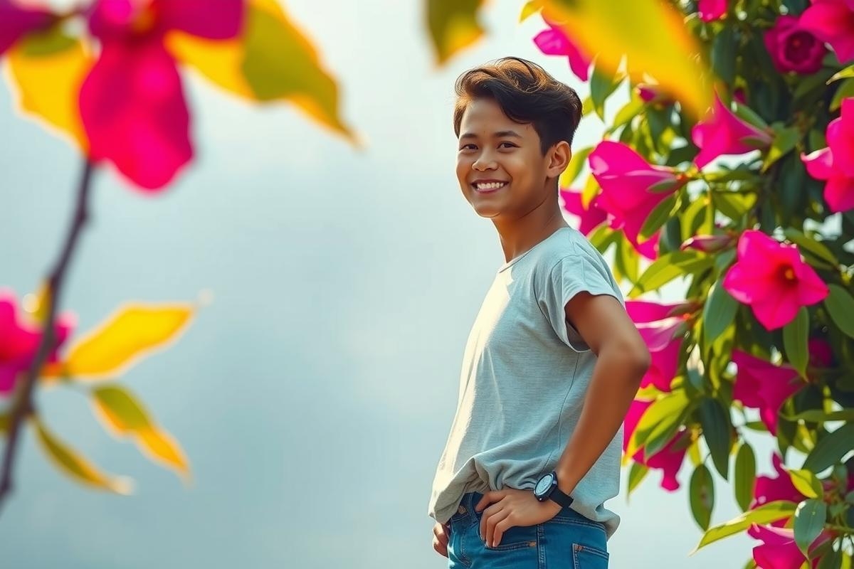 This is a photograph of a person standing outdoors. The individual appears to be smiling and has their back turned to the camera, with flowers in front of them providing a vibrant contrasting background. The sunlight casts an interesting shadow on their shoulder, suggesting it might be daytime. The environment looks peaceful and natural, likely a park or garden. Colors in the image are bright, including the pink hues from the flowers.