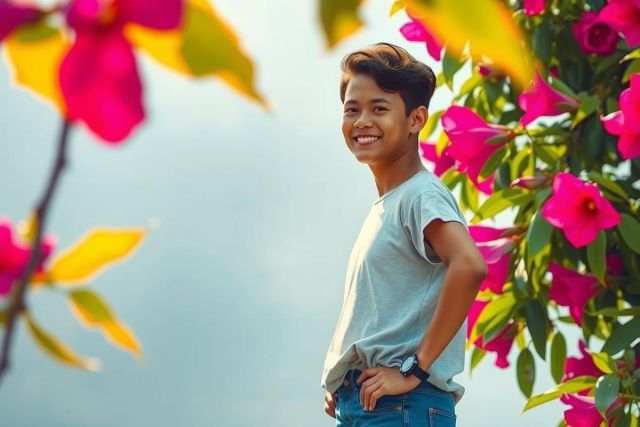 This is a photograph of a person standing outdoors. The individual appears to be smiling and has their back turned to the camera, with flowers in front of them providing a vibrant contrasting background. The sunlight casts an interesting shadow on their shoulder, suggesting it might be daytime. The environment looks peaceful and natural, likely a park or garden. Colors in the image are bright, including the pink hues from the flowers.