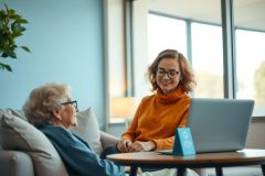 A young woman sits with an elderly woman, engaged in conversation. They are comfortably seated on a couch with a laptop on a table nearby, suggesting a potential tech lesson or family connection. Warm and inviting colors dominate the scene.