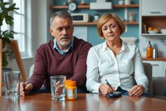 The image shows two adults, a man and a woman, sitting at a wooden dining table. They appear to be in a discussion or meeting. The man is wearing a burgundy sweater over a white shirt, while the woman is wearing a light-colored blouse.