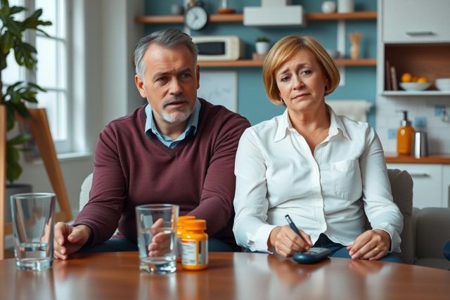 The image shows two adults, a man and a woman, sitting at a wooden dining table. They appear to be in a discussion or meeting. The man is wearing a burgundy sweater over a white shirt, while the woman is wearing a light-colored blouse.