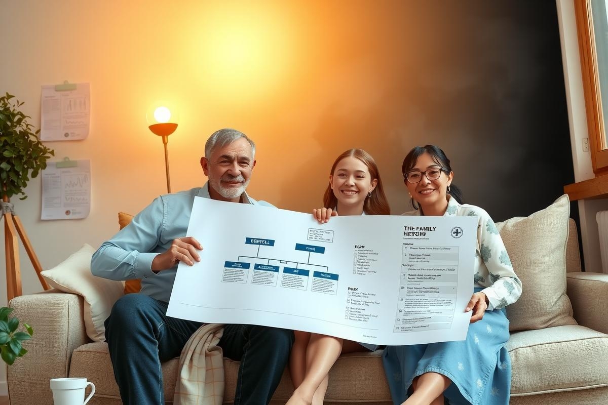 The image shows three people sitting on a couch, each holding what appears to be an educational document or booklet. They seem to be smiling and looking at the documents together, suggesting a collaborative or celebratory moment related to their studies or achievements.