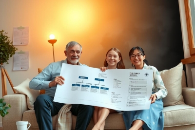 The image shows three people sitting on a couch, each holding what appears to be an educational document or booklet. They seem to be smiling and looking at the documents together, suggesting a collaborative or celebratory moment related to their studies or achievements.