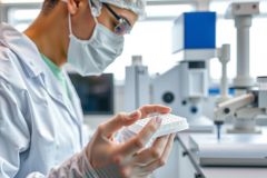 Scientist in lab coat and mask examines a white tablet. Industrial setting with machinery visible, suggesting pharmaceutical manufacturing or research. Focus on quality control and precision.