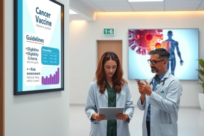 This image shows a modern medical office environment. In the foreground two individuals are standing in front of a large screen displaying information about cancer vaccine guidelines.