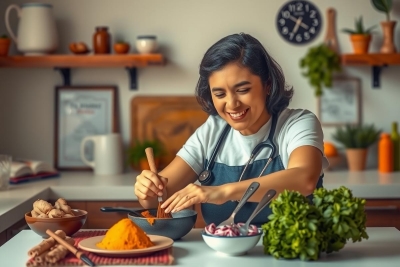 The image portrays a cheerful woman in an indoor kitchen environment, wearing an apron and working with various ingredients on a counter. She is smiling while engaged in cooking activities. The kitchen is equipped with wooden shelves holding pots, pans, and other culinary tools.