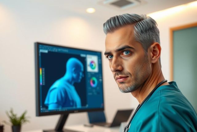 Doctor examining a medical scan on a computer monitor. Healthcare professional in a clinical setting, displaying a blue-toned image. Focus on diagnostics and medical technology.