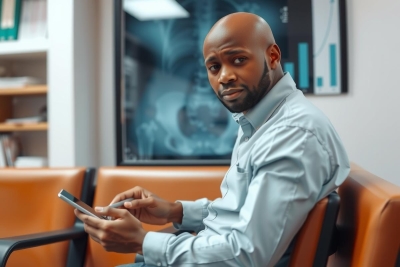 The image depicts a man seated in an office environment, likely a medical professional given the presence of a skeletal structure and medical equipment in the background.