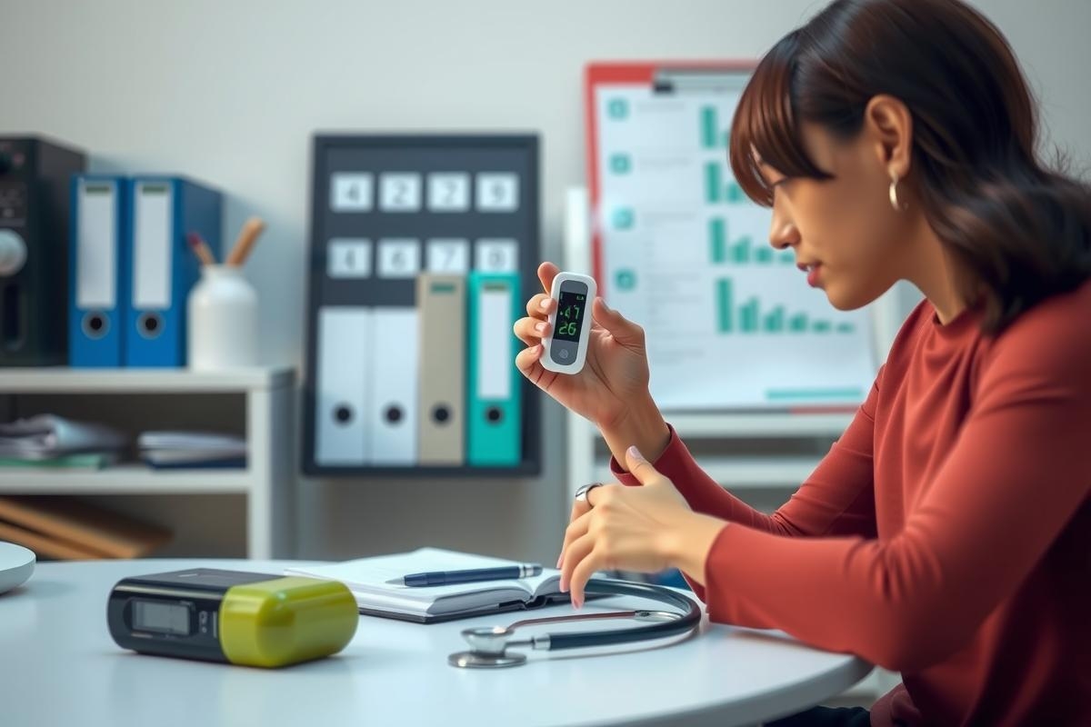 This is a stock photo of a woman wearing a red top sitting at a desk, working on her laptop. The setting appears to be an office environment with a blurred background, suggesting focus on the subject's task. 