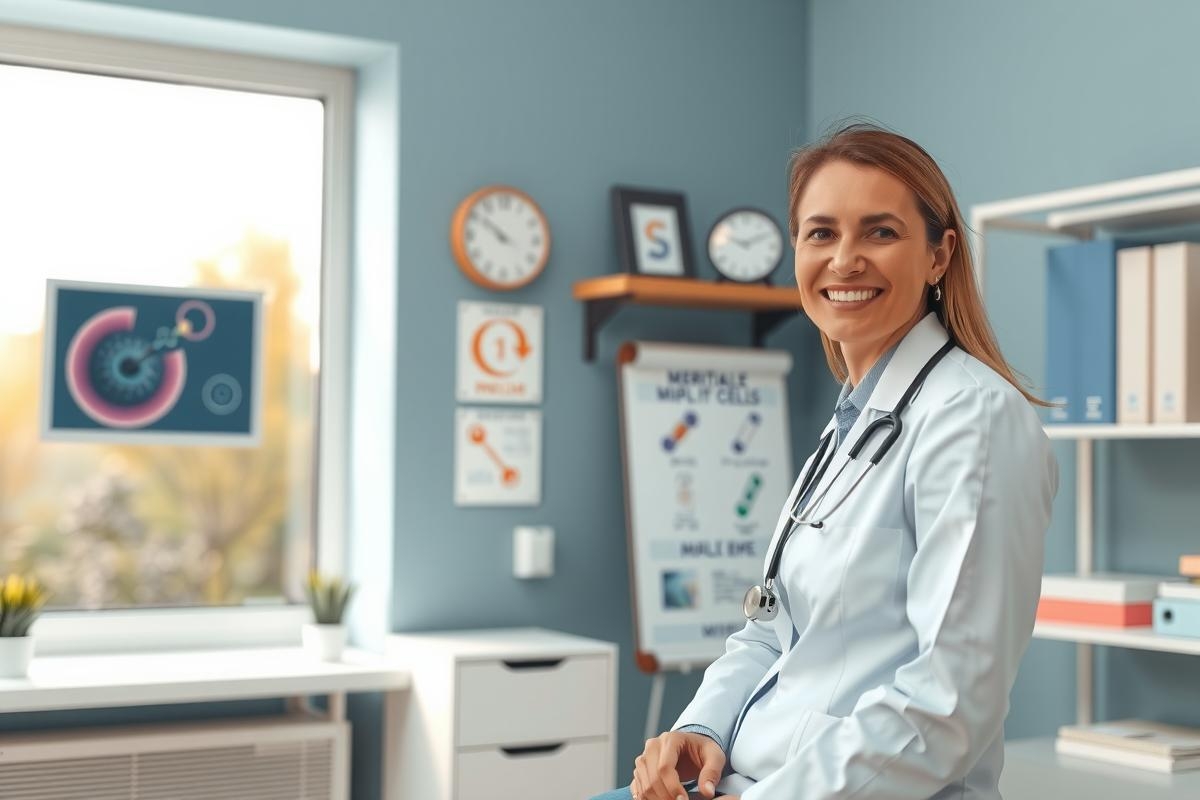 The image features a woman in a medical coat, standing behind a desk with a window in the background. The environment suggests a clinical setting, possibly a doctor's office or examination room. There are informative posters on the wall, indicative of health and medical topics. The overall tone is professional and calm.