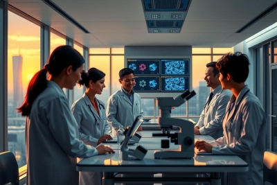 Image depicts a group of scientists in a modern lab, engaged in discussion during a sunset. They are wearing white lab coats and standing around a table with laptops and scientific equipment.