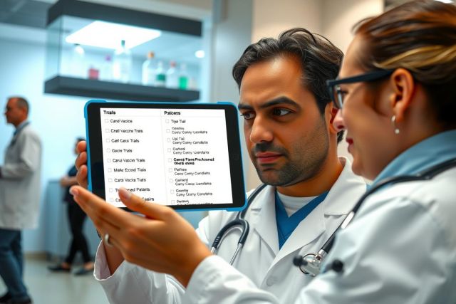 The image depicts a professional medical setting with two doctors, one male and the other female. They are engaged in a discussion around a tablet displaying patient information.