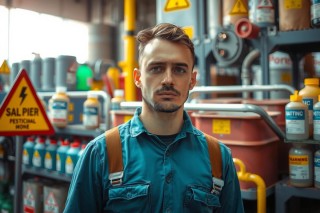The image shows a man dressed in work attire, standing in an industrial setting. He appears to be looking at the camera with a serious expression. The background is filled with various equipment and machinery typically found in a factory or warehouse environment.