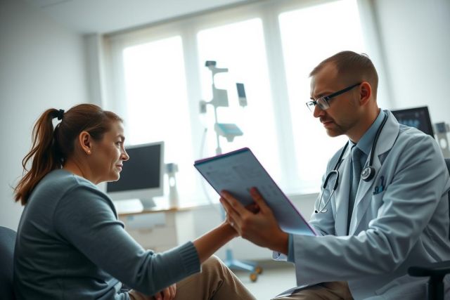 Doctor examines a patient with a tablet in a medical office. Healthcare professional consultation, diagnosis, and patient care setting. White scrubs, warm lighting.