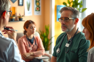 The image shows a professional setting, likely a medical office or hospital. A group of people are engaged in what appears to be a serious discussion. There is a focus on a male figure at the center who is wearing glasses and a stethoscope around his neck, indicating he may be a doctor or healthcare worker.